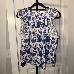 THML Size Large Floral Blue and‎ White Ruffle Sleeveless Top Boutique